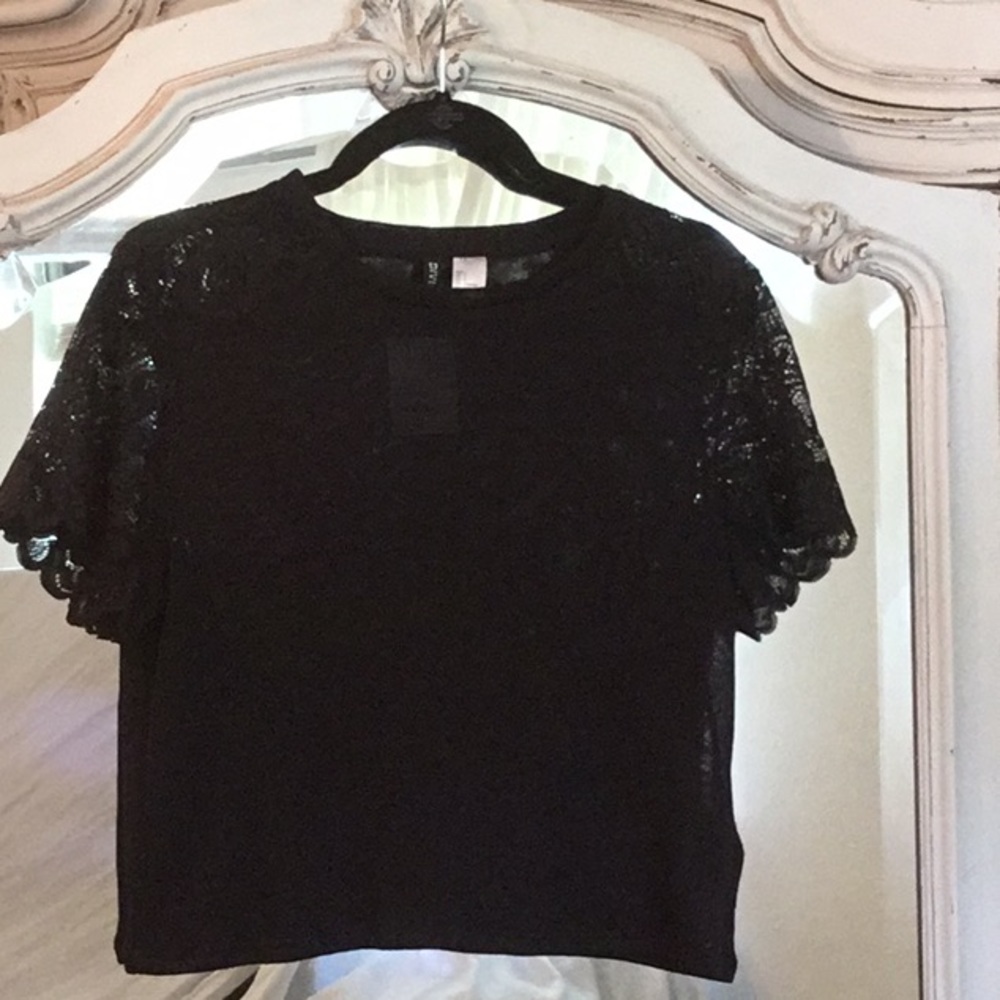 NWT H&M Divided Sheer Black Lace Sleeve Top Large